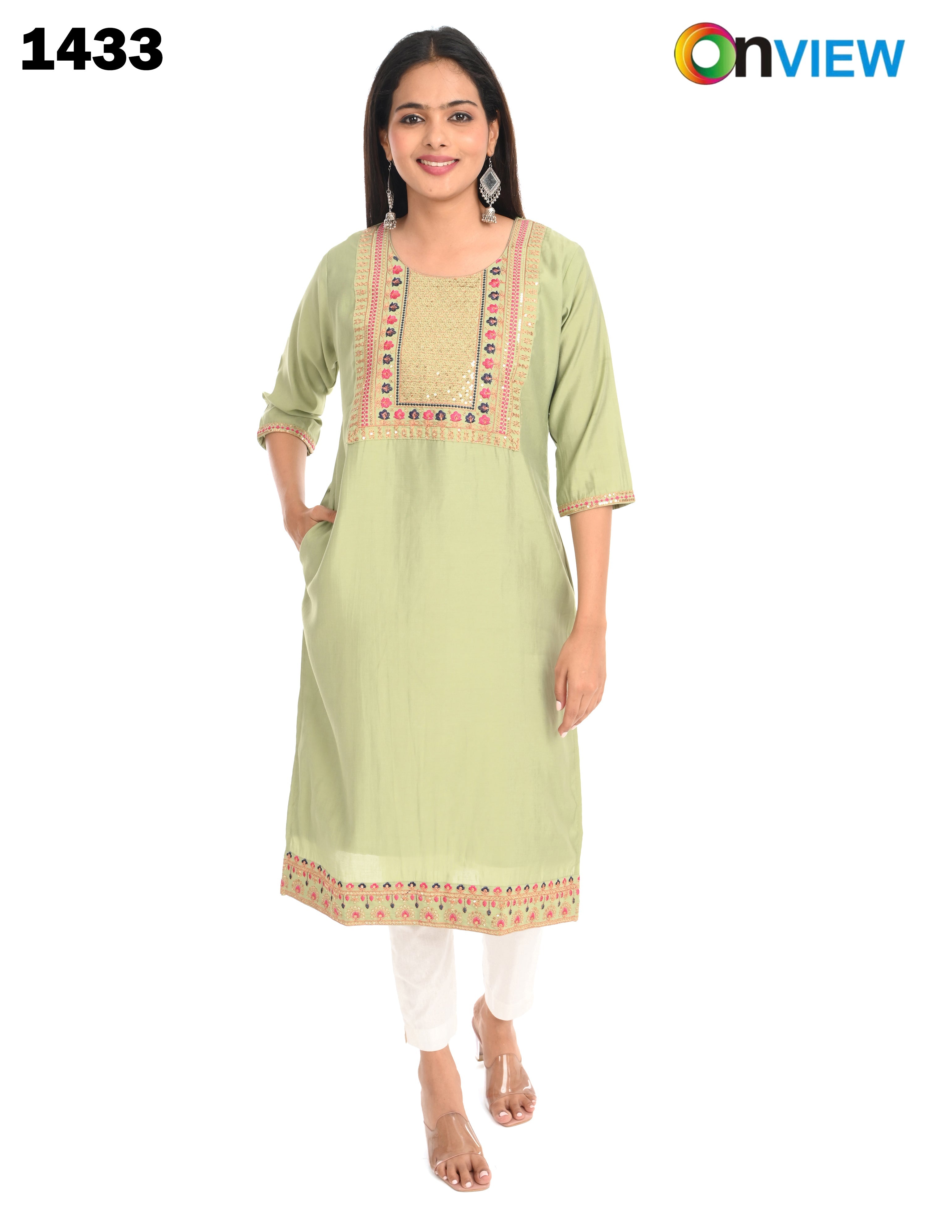 ONVIEW | 1433 | BOUTIQUE WORK SIDE OPEN KURTIS - (PISTA GREEN)